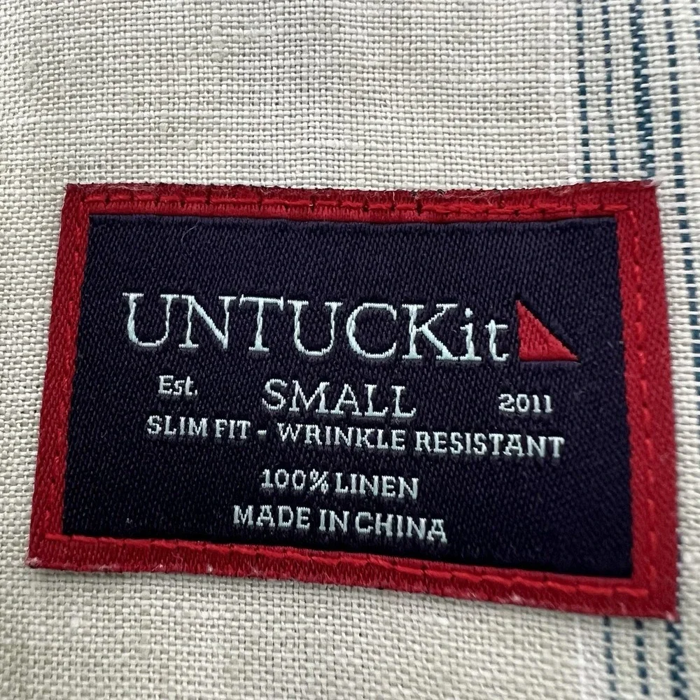 Untuckit Mens Slim S Masaccio WR Linen Cream Navy Plaid Long Sleeve Button Shirt